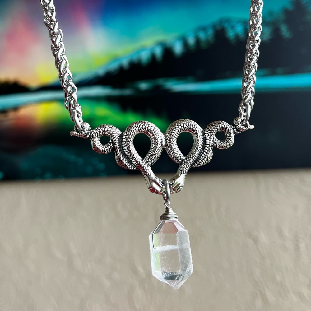 Natural Crystal quartz & snake charm stainless steel chain necklace goth celtic. - Picture 8 of 10
